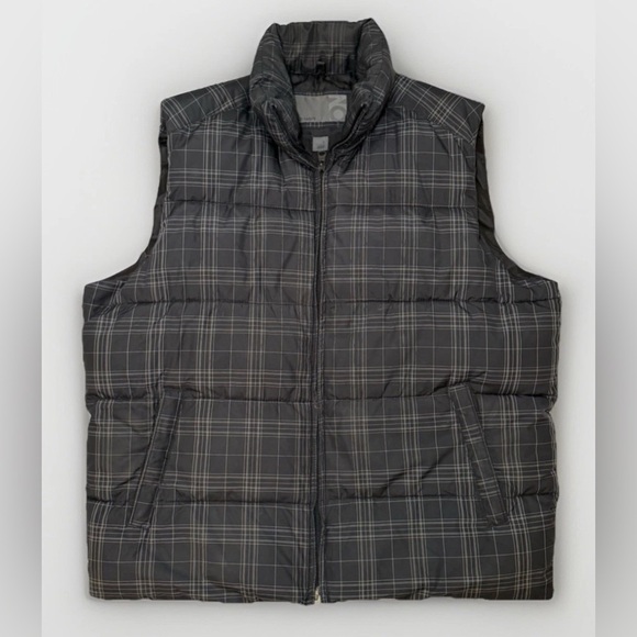 Old Navy Mens Puffer Vest Black with Fine White & Gray Plaid Size L Large - Picture 1 of 6